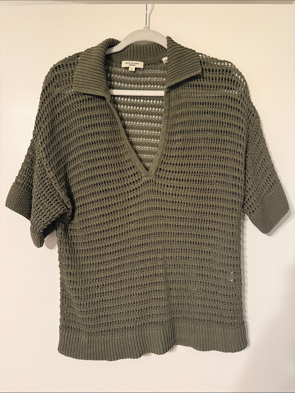 Max Studio Olive Open-Knit V-Neck Collared Sweater